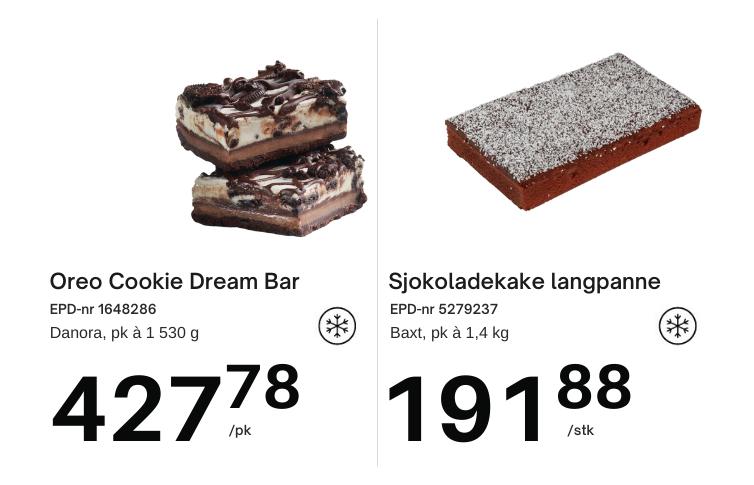 Oreo dream bar kr 427,78 per pk og sjokoladekake 191,88 per pk 