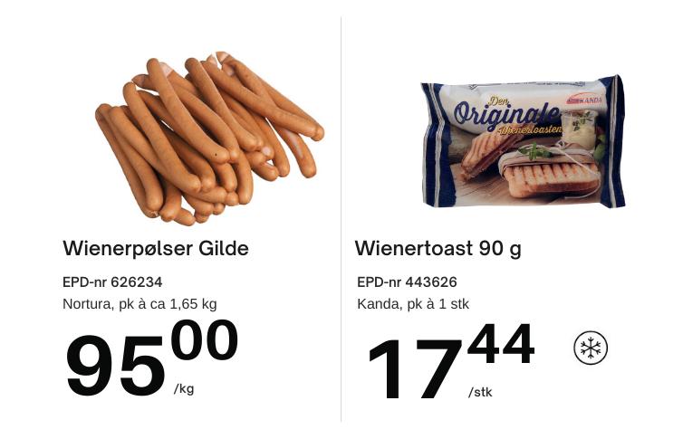 Wienerpølse 95 kr per kilo og wienertoast 90 g 17,44 per stykk
