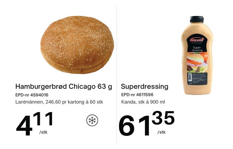 Hamburgerbrød 4,11 kr per stk og superdressing kr 61,35 per stk 