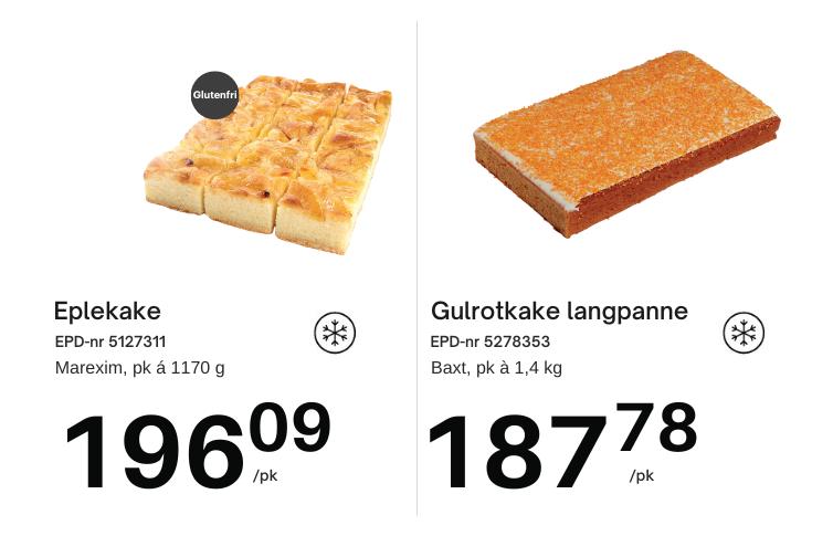 glutenfri eplekake 196,09 kr per kake og gulrotkake 187,78 kr per kake