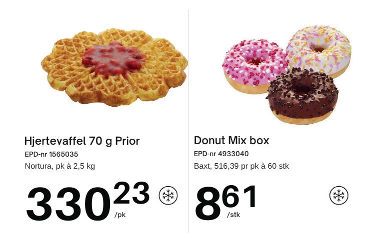 Hjertevaffel 330,23 kr per pk og donut mix box 60 stk, 8,61 kr per stk 